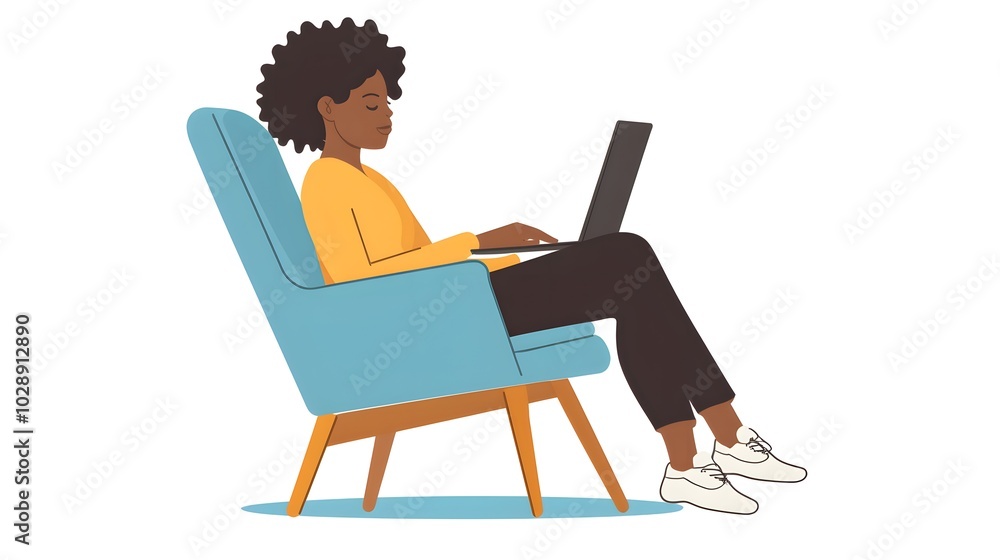 A person sitting on a blue chair with a laptop in their lap, a simple flat vector illustration, on a white background, in a minimalistic style A person sitting on a blue chair with a laptop in their lap, a simple flat vector illustration, on a white background, in a minimalistic style