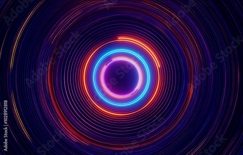 Abstract swirling neon lights create concentric circles, glowing brightly against a dark background.