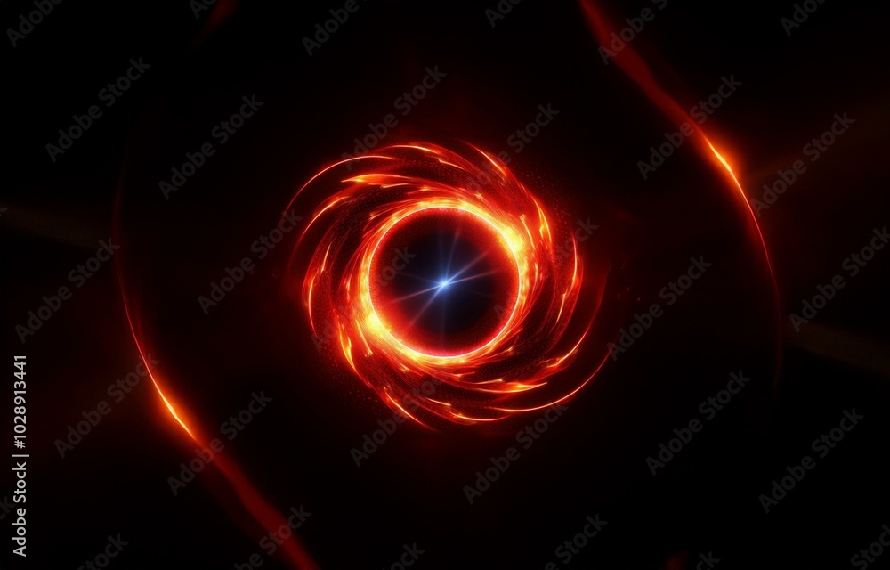 A glowing red ring with bright orange streaks and a blue star in the center on a dark background. A glowing red ring with bright orange streaks and a blue star in the center on a dark background.