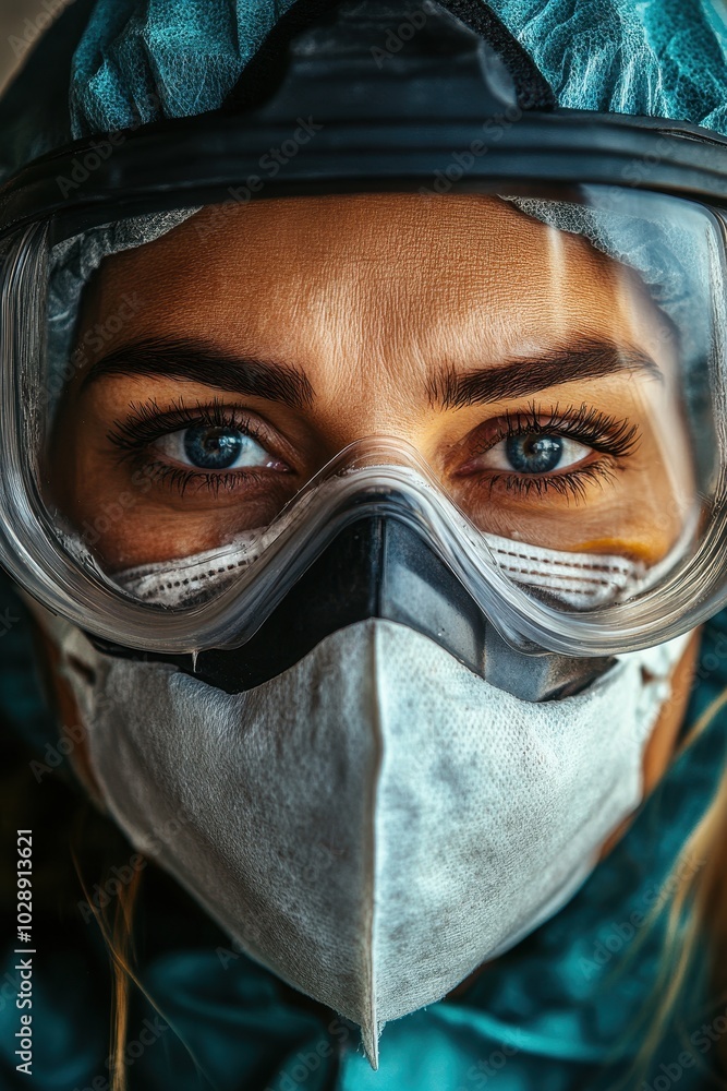 Close-Up Portrait of a Healthcare Worker in Protective Gear with Focused Eyes and Determined Expression Close-Up Portrait of a Healthcare Worker in Protective Gear with Focused Eyes and Determined Expression
