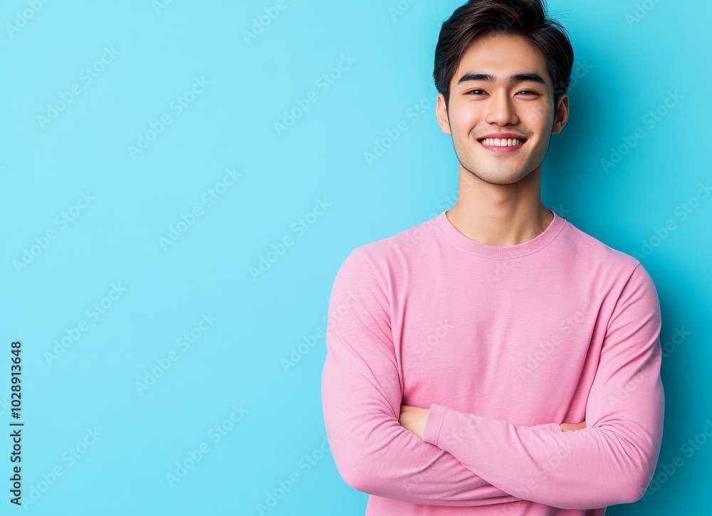 A happy Asian teen man walking going strolling and looking sideways isolated on a blue background. A happy Asian teen man walking going strolling and looking sideways isolated on a blue background.