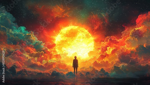 An illustration of an abstract human silhouette standing in front of the sun, surrounded by colorful clouds and rays of light, representing personal growth through positive thinking. 