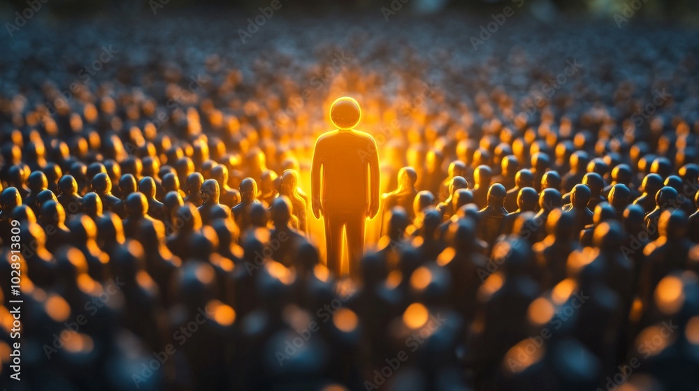 Fototapeta premium Group small orange figures standing middle large crowd A human resources officer