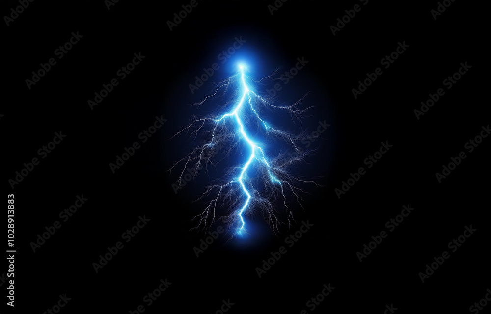 Obraz premium A single lightning bolt is shown in the center of the image, bright white against a dark blue and black background.