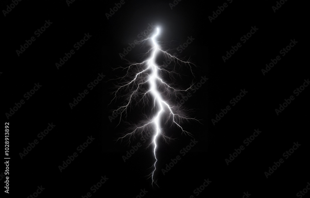 A single lightning bolt is shown in the center of the image, bright white against a dark blue and black background. A single lightning bolt is shown in the center of the image, bright white against a dark blue and black background.