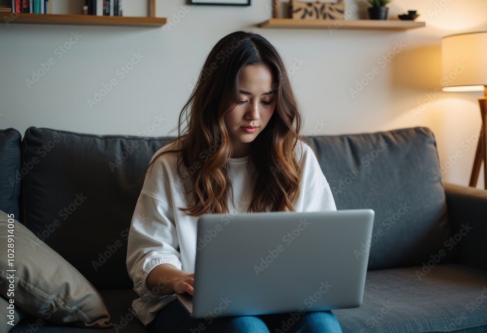 Fototapeta premium Woman working on a laptop at home, focused and engaged in her task.