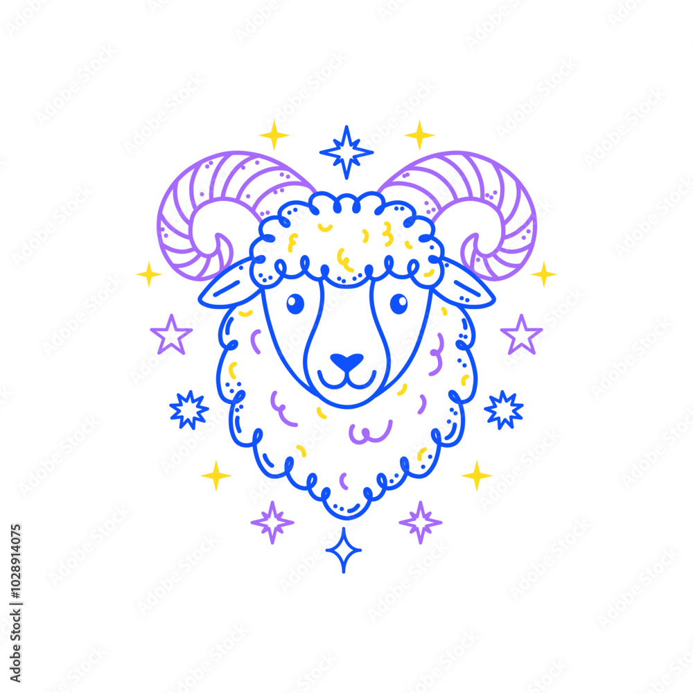 Fototapeta premium Aries zodiac sign in doodle style with soft colors on white background, tailored for children's decor.