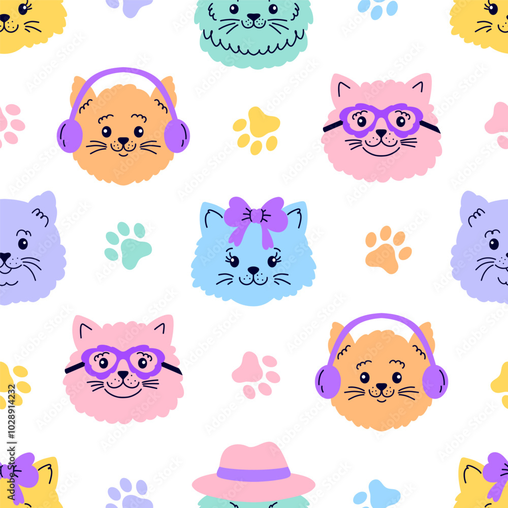 Obraz premium Seamless pattern with cat faces and paws on white background.