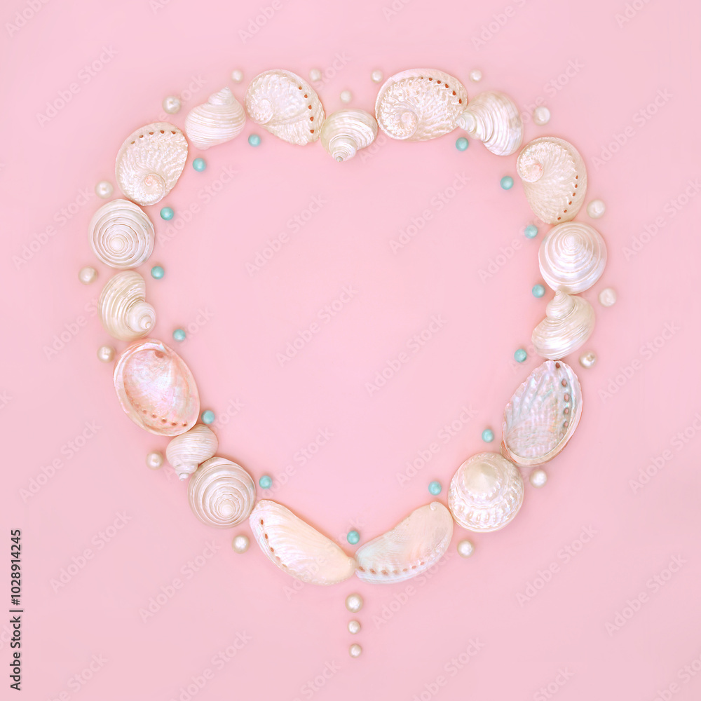 Feminine heart shape mother of pearl sea shells and pearls wreath frame on pink background. Romantic design for valentines, greeting card, logo, invitation. Feminine heart shape mother of pearl sea shells and pearls wreath frame on pink background. Romantic design for valentines, greeting card, logo, invitation.