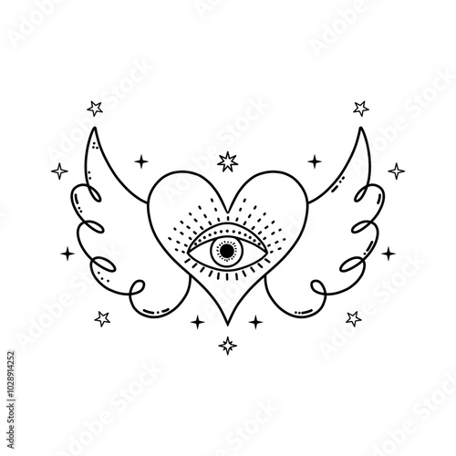 Heart with wings  and  mystical eye in doodle style on white background.