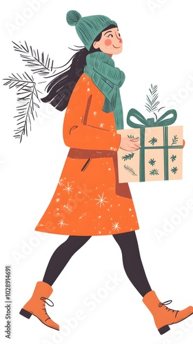 A woman in an orange coat is walking and holding a Christmas gift box, vector illustration with white background