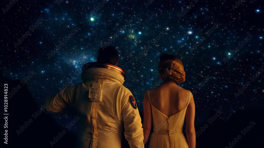 Astronaut pointing at stars with woman by his side under a starlit sky. Concept of cosmic exploration and romantic adventure. Astronaut pointing at stars with woman by his side under a starlit sky. Concept of cosmic exploration and romantic adventure.