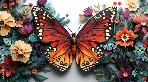 Detailed paper cut butterfly garden with layered wings and intricate floral elements, creating a vibrant, intricate display, paper cut butterfly garden, intricate floral design photo