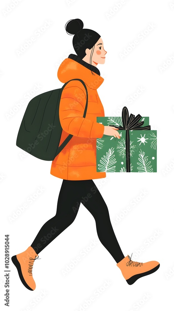 A woman in an orange coat is walking and holding a Christmas gift box, vector illustration with white background A woman in an orange coat is walking and holding a Christmas gift box, vector illustration with white background