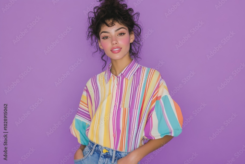 Beautiful young girl wearing a shirt in an empty space on a violet background in a photograph