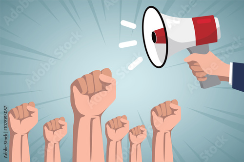 Revolution, hands with megaphone, fight for your right vector illustration design.Social rights demonstration or manifestation strike