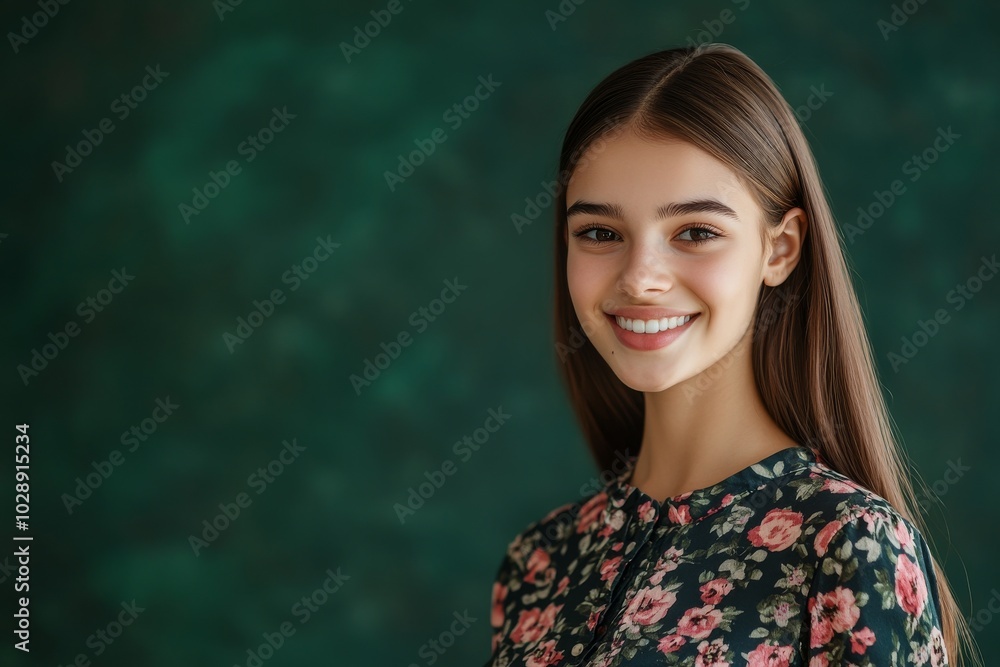 An attractive teen girl stands in an empty space in floral print clothes dressed in stylish outfits isolated on a green background An attractive teen girl stands in an empty space in floral print clothes dressed in stylish outfits isolated on a green background