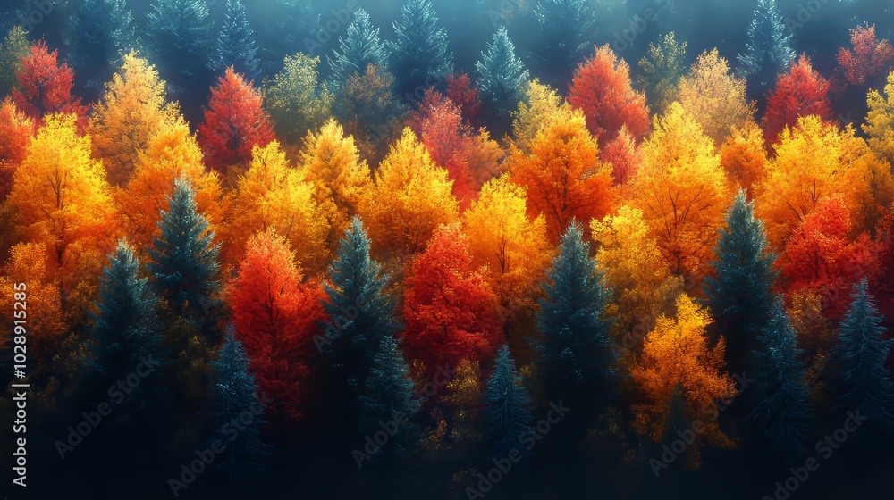 View from above of dense forest with brightly colored foliage among dense conifers View from above of dense forest with brightly colored foliage among dense conifers