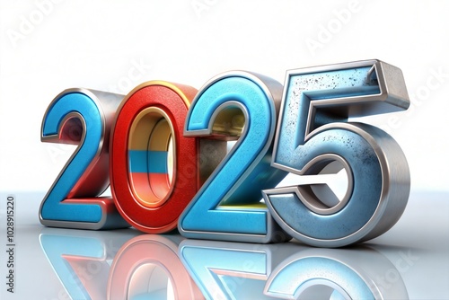 Textured Metallic 3D 2025 Numbers with Red and Blue Tones on Reflective Surface