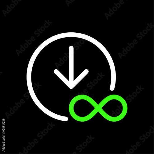 Unlimited, infinite, limitless downloads vector icon in line style design for website, app, UI, isolated on black background. Editable stroke. Vector illustration.