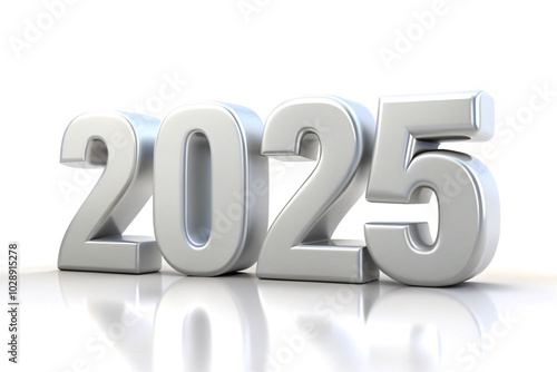 Classic 3D Metallic 2025 Numbers with Elegant Silver Finish on Clean White Background