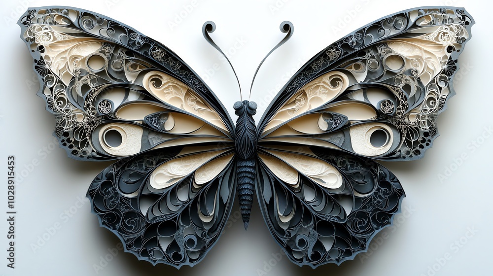 Fototapeta premium Paper cut butterfly wings with detailed veins and layered textures, creating a delicate, intricate design, paper cut butterfly, intricate nature art