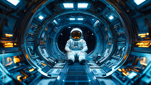 Astronaute avec casque et combinaison assis dans son engin spatial photo