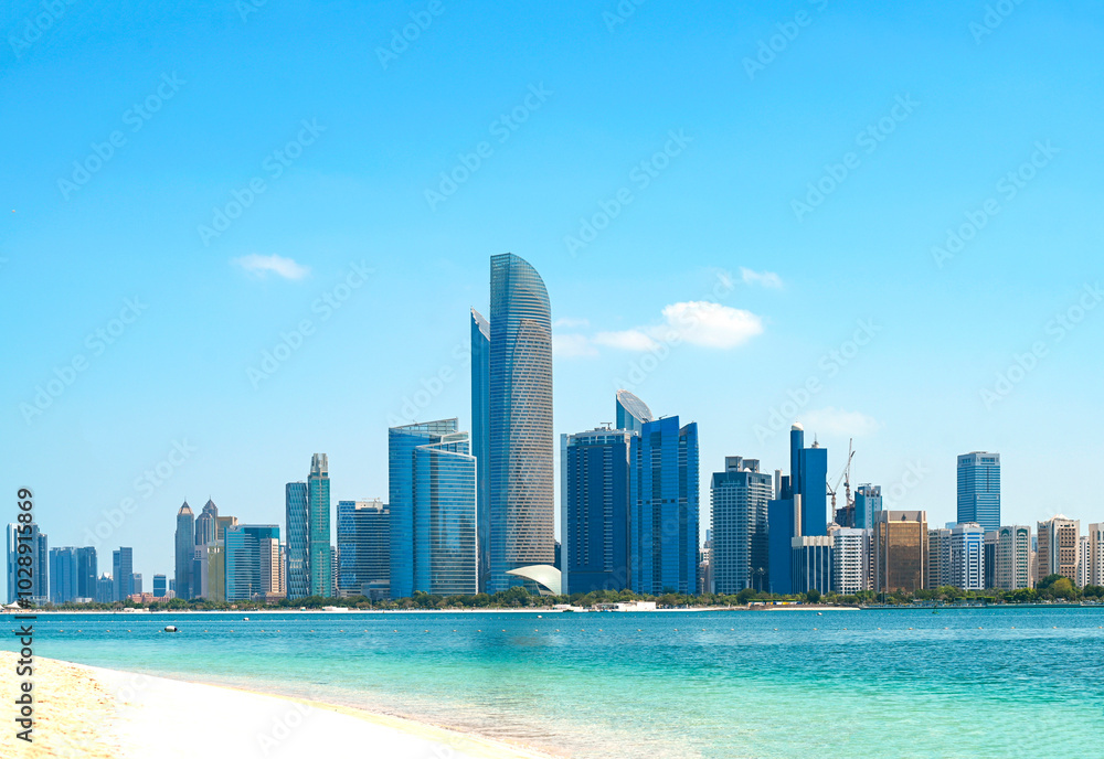 Obraz premium Panoramic view of main business part of Abu Dhabi with sea, skyscrapers in UAE