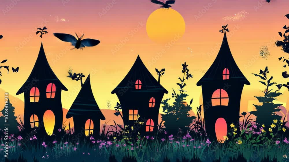 A whimsical sunset scene featuring colorful, fairy-tale houses amidst flowers and butterflies. A whimsical sunset scene featuring colorful, fairy-tale houses amidst flowers and butterflies.