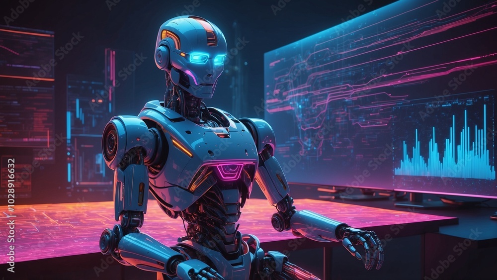Futuristic Robot with Holographic Interface Projecting Neon Data Streams in High-Tech Environment Futuristic Robot with Holographic Interface Projecting Neon Data Streams in High-Tech Environment
