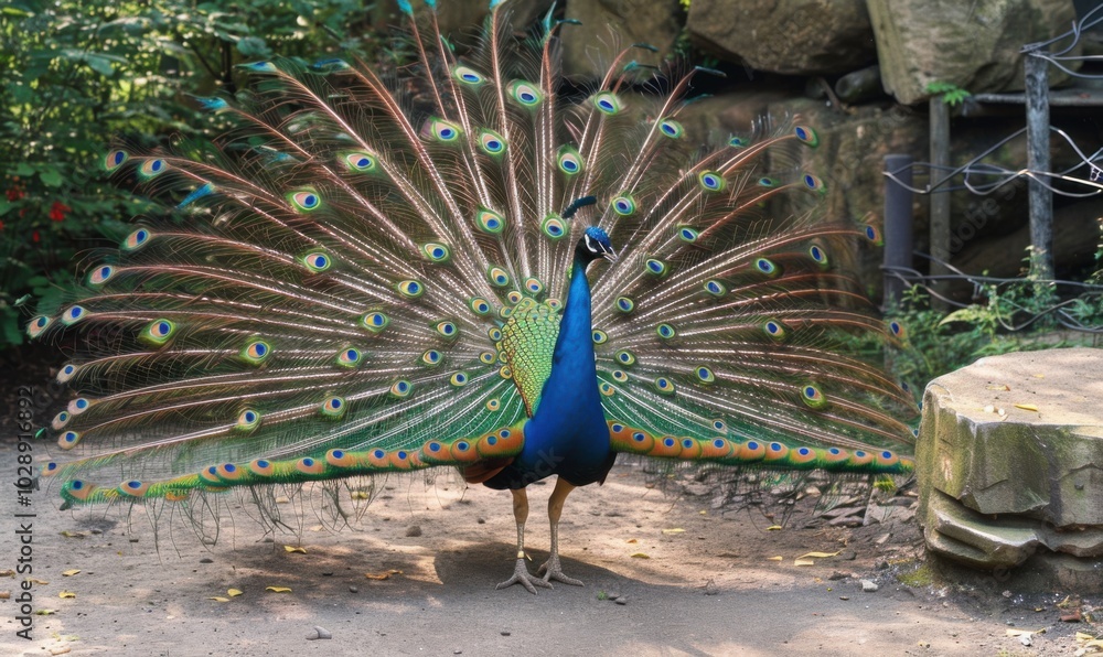 Obraz premium Beautiful peacock displaying feathers, 4K hyperrealistic photo