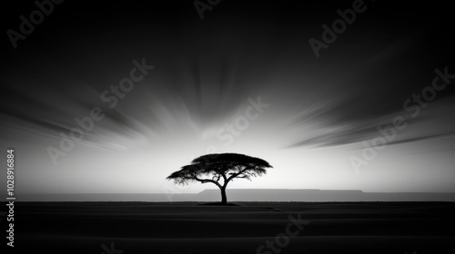 solitary tree stands in isolated landscape, surrounded by vast emptiness and dramatic skies. stark contrast of black and white enhances serene yet powerful atmosphere