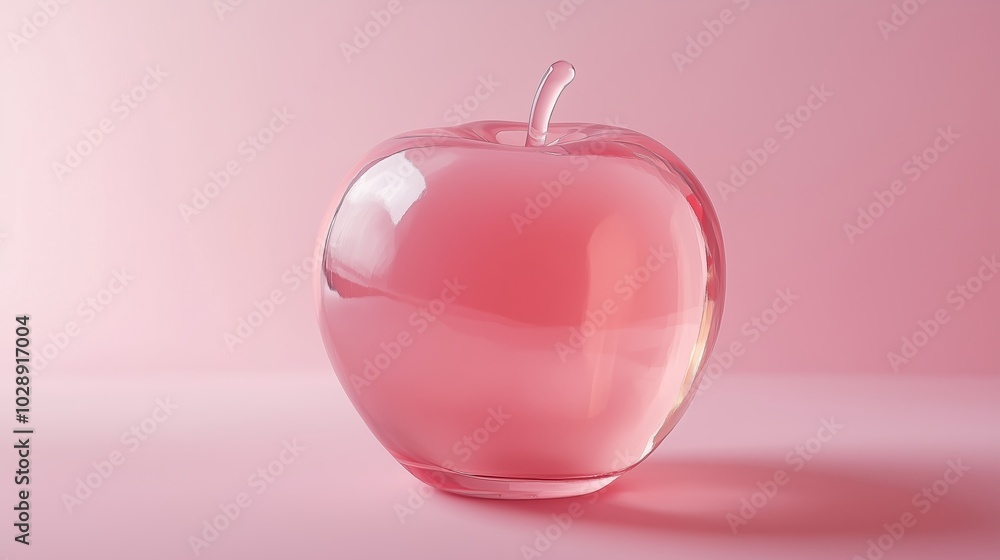 Obraz premium A beautifully crafted pink glass apple reflecting soft light against a pastel background, showcasing modern design elements