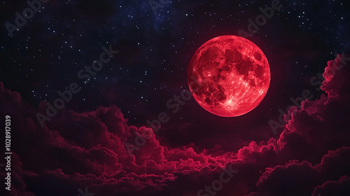 Crimson moon glowing brightly in the dark starry sky
