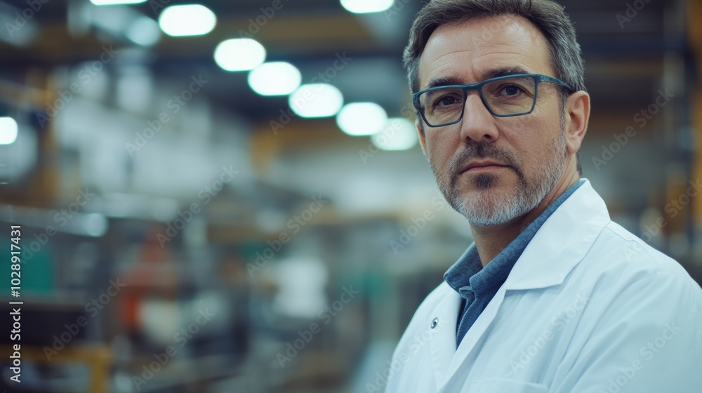 Male worker wearing a lab coat, looking at the camera in a factory workshop, minimal background with ample copy space. Male worker wearing a lab coat, looking at the camera in a factory workshop, minimal background with ample copy space.