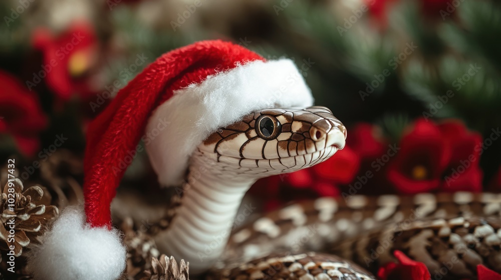 Stock minimalist photography of a snake wearing a Santa hat with floral accents in the background, gentle daylight adding softness to the scene Stock minimalist photography of a snake wearing a Santa hat with floral accents in the background, gentle daylight adding softness to the scene