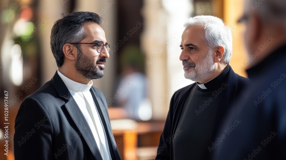 Portrait of a Middle Eastern priest having a conversation with a senior man after Sunday service, clean and minimalistic image with copy space in a Catholic church. Portrait of a Middle Eastern priest having a conversation with a senior man after Sunday service, clean and minimalistic image with copy space in a Catholic church.