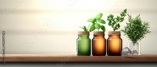 Herbs in glass jars arranged on a wooden shelf, soft light background.