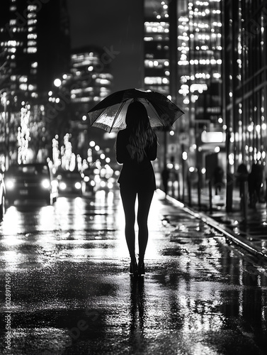 A nighttime urban scene features a lone pedestrian with an umbrella, framed by glowing city buildings and wet pavement.