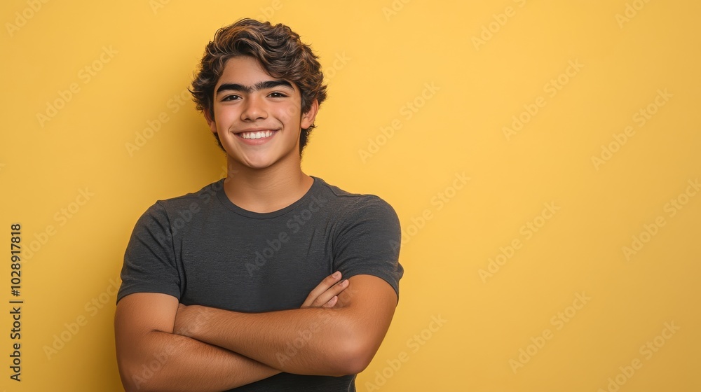 A Hispanic Latino teen boy smiling with a big smile over a yellow background. A Hispanic Latino teen boy smiling with a big smile over a yellow background.