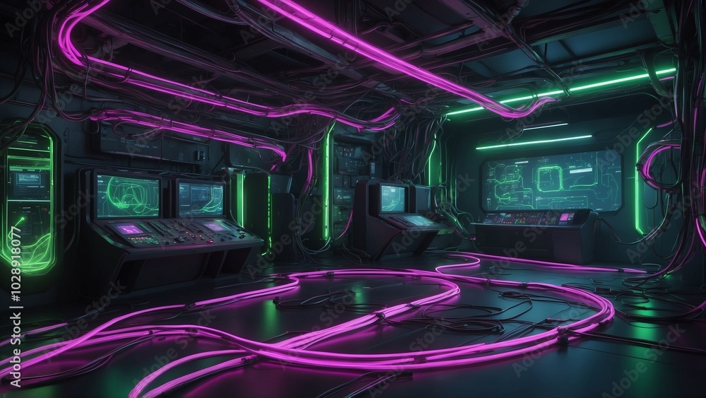 Futuristic Cables in Neon Green and Magenta Illuminating High-Tech Infrastructure Futuristic Cables in Neon Green and Magenta Illuminating High-Tech Infrastructure