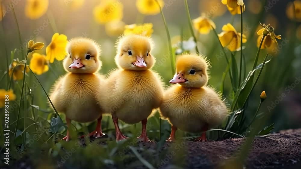 Three cute ducklings standing in yellow flowers Three cute ducklings standing in yellow flowers