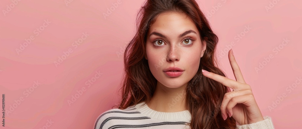 Fototapeta premium A confident young woman with brown hair in a striped white sweater poses against a pink backdrop, making a peace sign, exuding positivity.