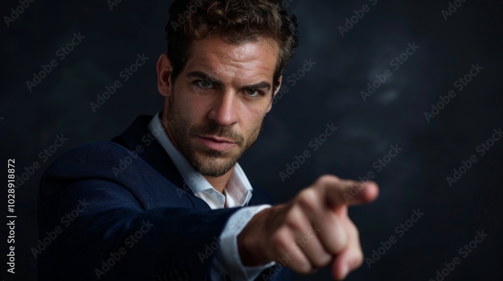 A bearded man in a dark jacket and white shirt points forward against a dark background, suggesting direction or confrontation. A bearded man in a dark jacket and white shirt points forward against a dark background, suggesting direction or confrontation.