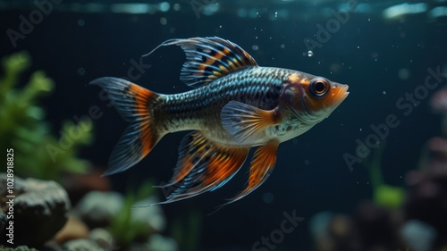 A colorful, small, tropical fish swims in a freshwater aquarium tank with rocks, plants, and bubbles.