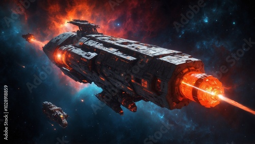 Gargantuan Space Freighter with Blazing Red and Orange Thrusters Traversing Vibrant Cosmic Nebula