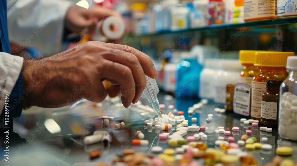 A close-up image shows a hand holding a prescription in a pharmacy setting, with various medication-related items in the background. A close-up image shows a hand holding a prescription in a pharmacy setting, with various medication-related items in the background.