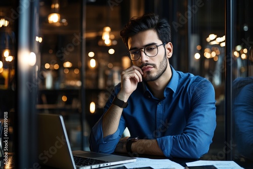 Worker in a multinational corporation, an Indian male who is engaged in software development, a businessman who is a team leader who is using a laptop at work to manage online data.