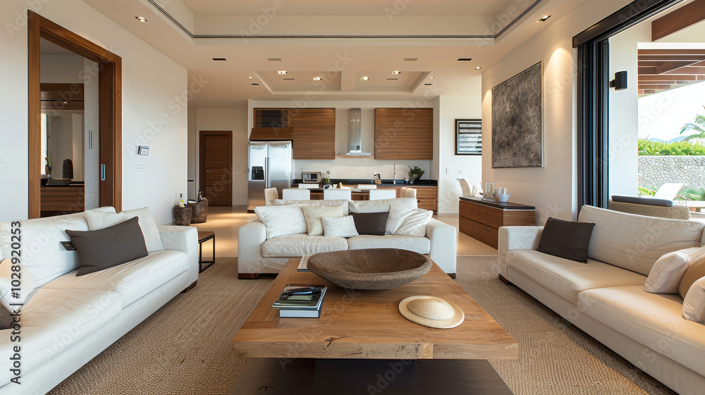Fototapeta premium sleek modern living room featuring neutral colors, stylish furniture, and warm atmosphere. open space invites relaxation and comfort, perfect for gatherings