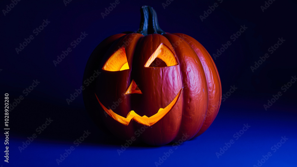lit carved pumpkin on a dark blue background lit carved pumpkin on a dark blue background
